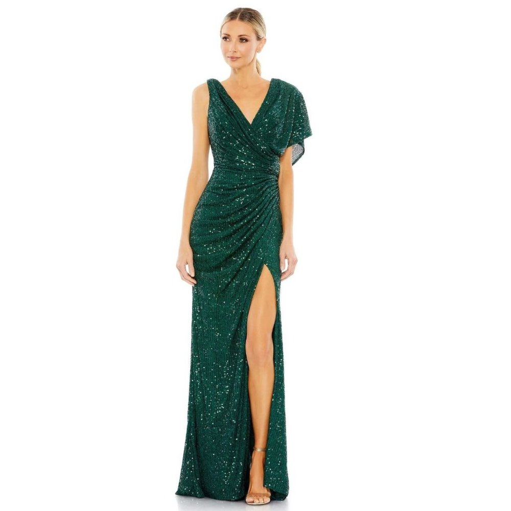 Mac Duggal 26988 Sequined Asymmetrical Draped Trumpet Gown Size 14 Green